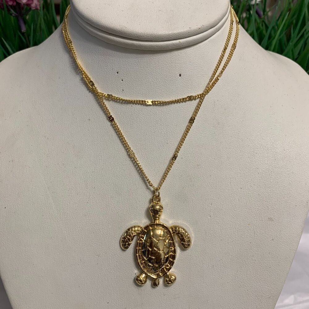 GOLD PLATED LARGE TURTLE STATEMEANT AUTUMN NECKLACE - Picture 2 of 3